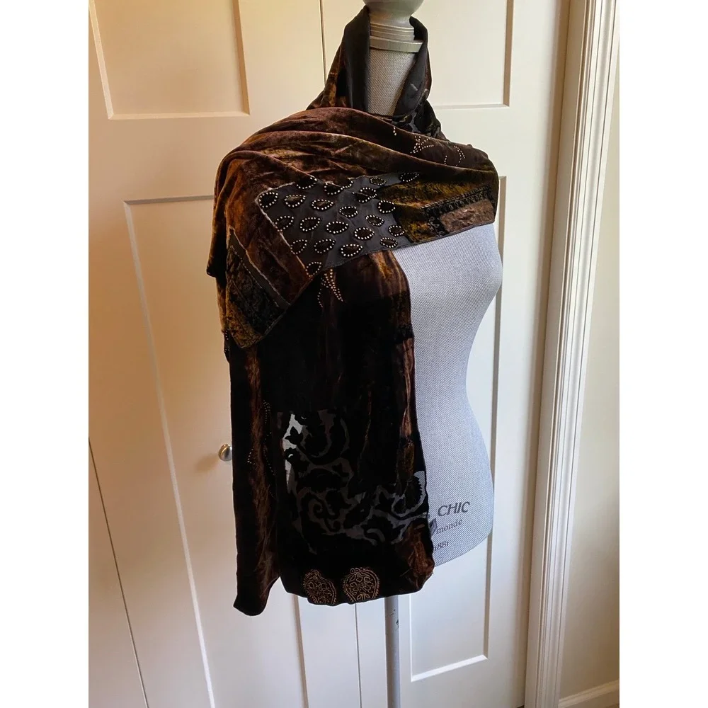 Italy Silk Velvet Burnout Scarf Neck Hair Purse Shoulder Accessories Brown Black